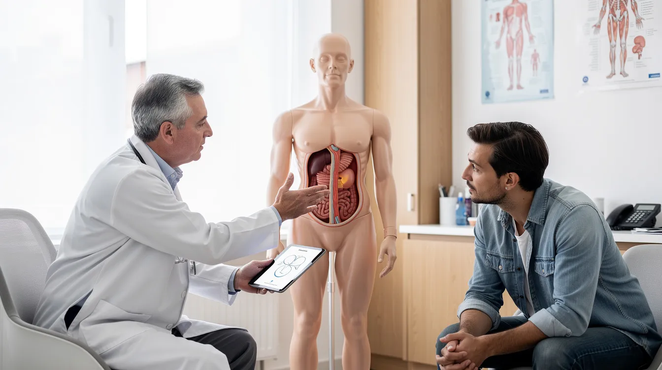 The image depicts a modern medical office where a doctor is consulting with a patient, gesturing towards a body model that illustrates a treatment area for j plasma skin tightening. The setting reflects a focus on cosmetic procedures, emphasizing the importance of a customized treatment plan for achieving tighter skin and addressing loose skin concerns.