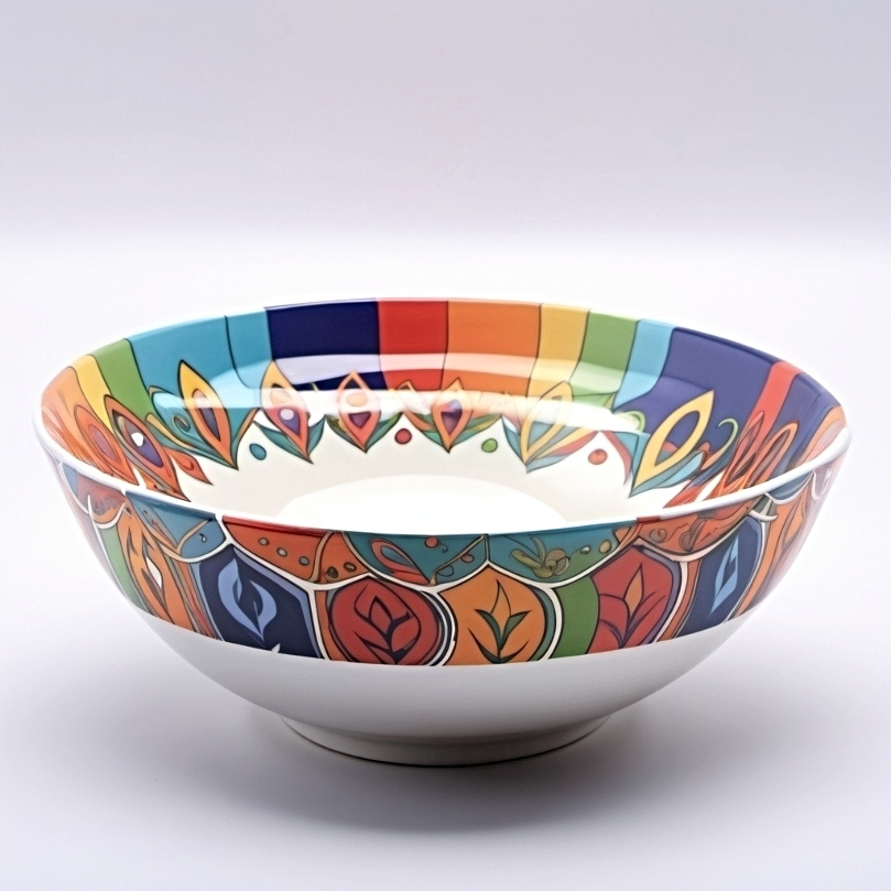 Vibrant sublimation design on a ceramic bowl