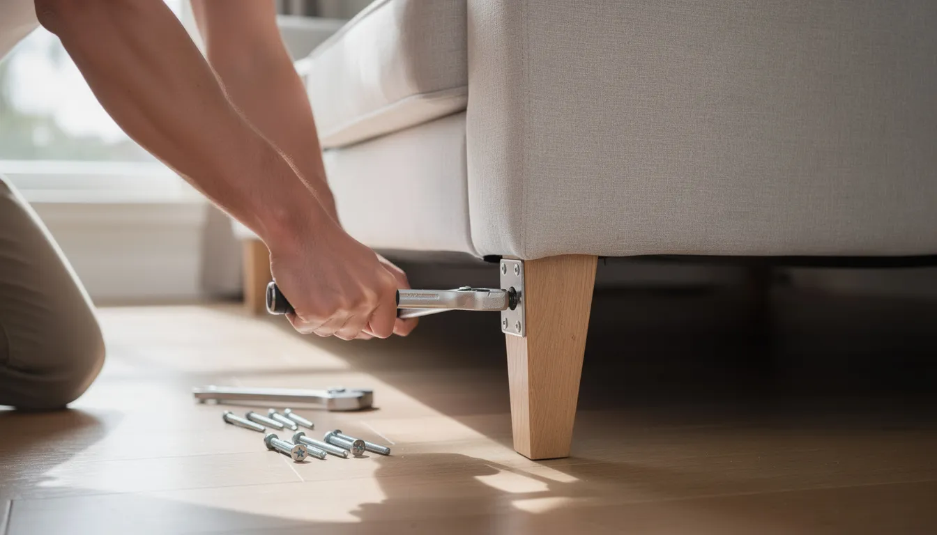 A person is seen attaching wooden legs to an upholstered sofa using a simple hand tool, demonstrating a hands-on approach to online furniture shopping. This scene reflects the quality and customization options available in the Australian furniture market, emphasizing the importance of well-designed furniture for creating a stylish and comfortable living space.