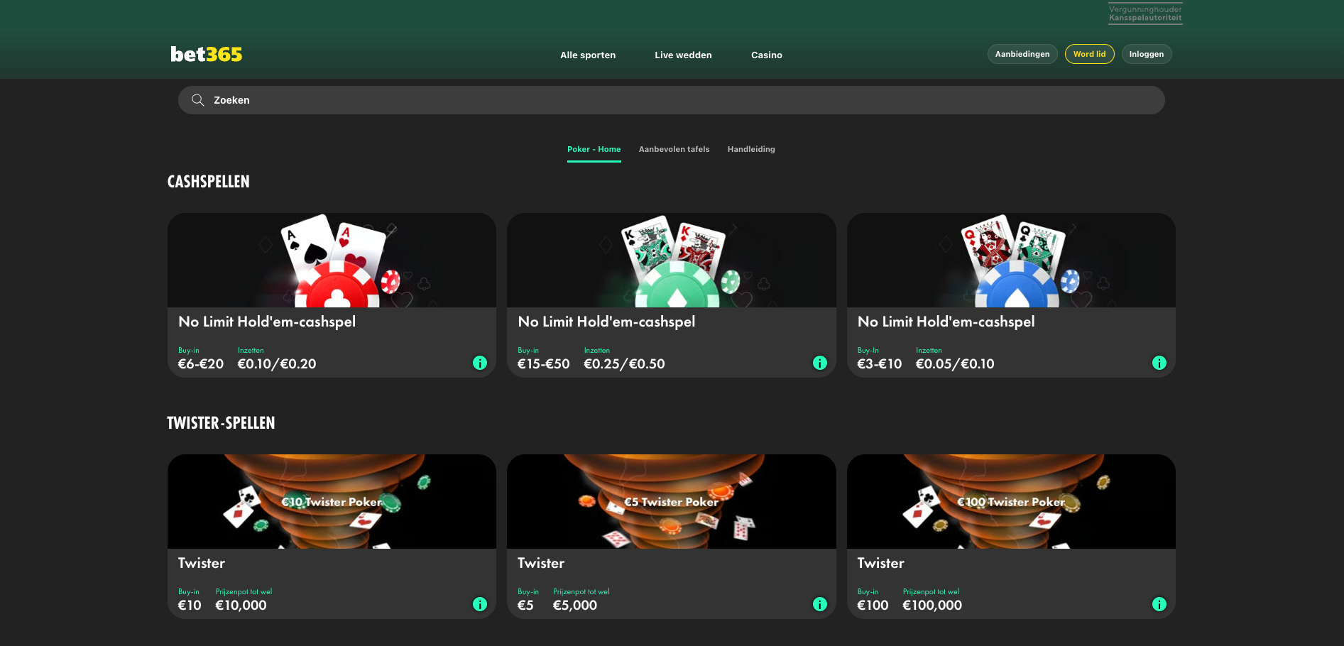 Bet365 poker lobby met No Limit Hold’em cashgames en Twister poker, waar spelers strategie gebruiken zoals positie aan tafel en tegenstanders observeren, vergelijkbaar met online poker platforms zoals GGPoker Nederland.