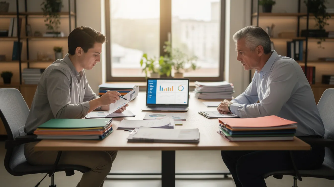 Two colleagues are collaborating at a table filled with neatly organized folders and a laptop, likely discussing tax preparation and the various employer costs associated with hiring, such as payroll taxes and health insurance. Their focused interaction suggests they are working on important tax filing tasks or analyzing the total cost of employment.