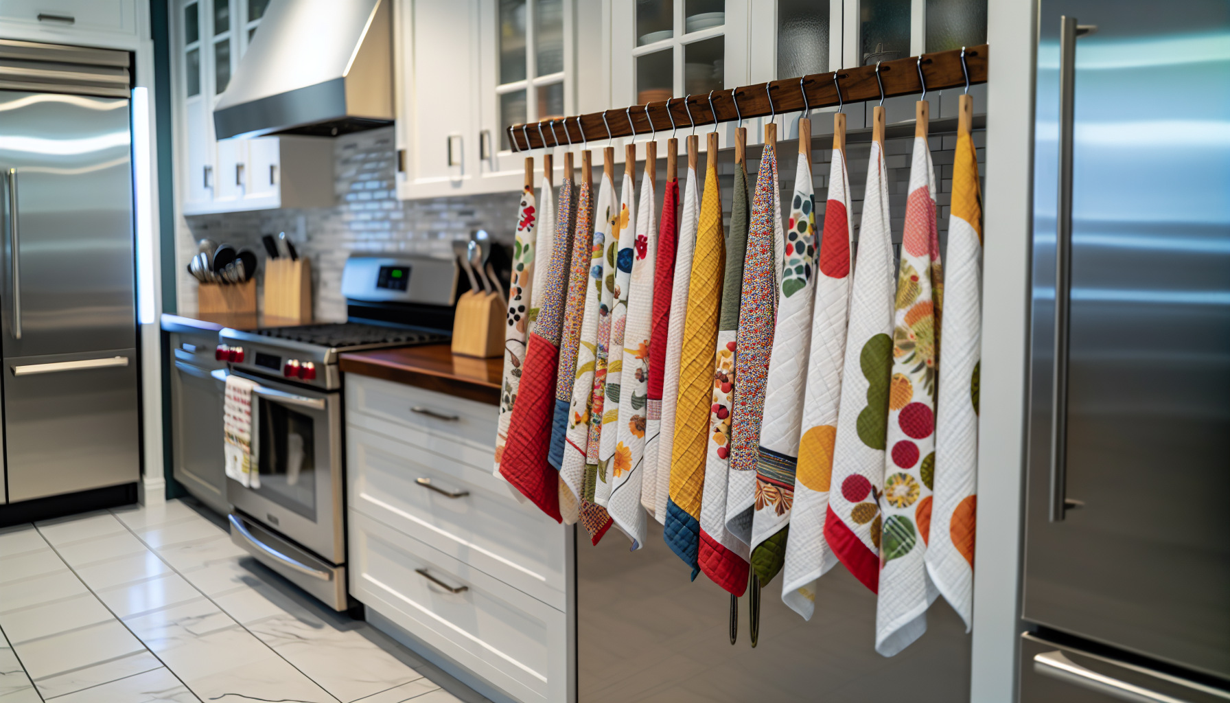 Creative and colorful dish towel designs hanging in a kitchen
