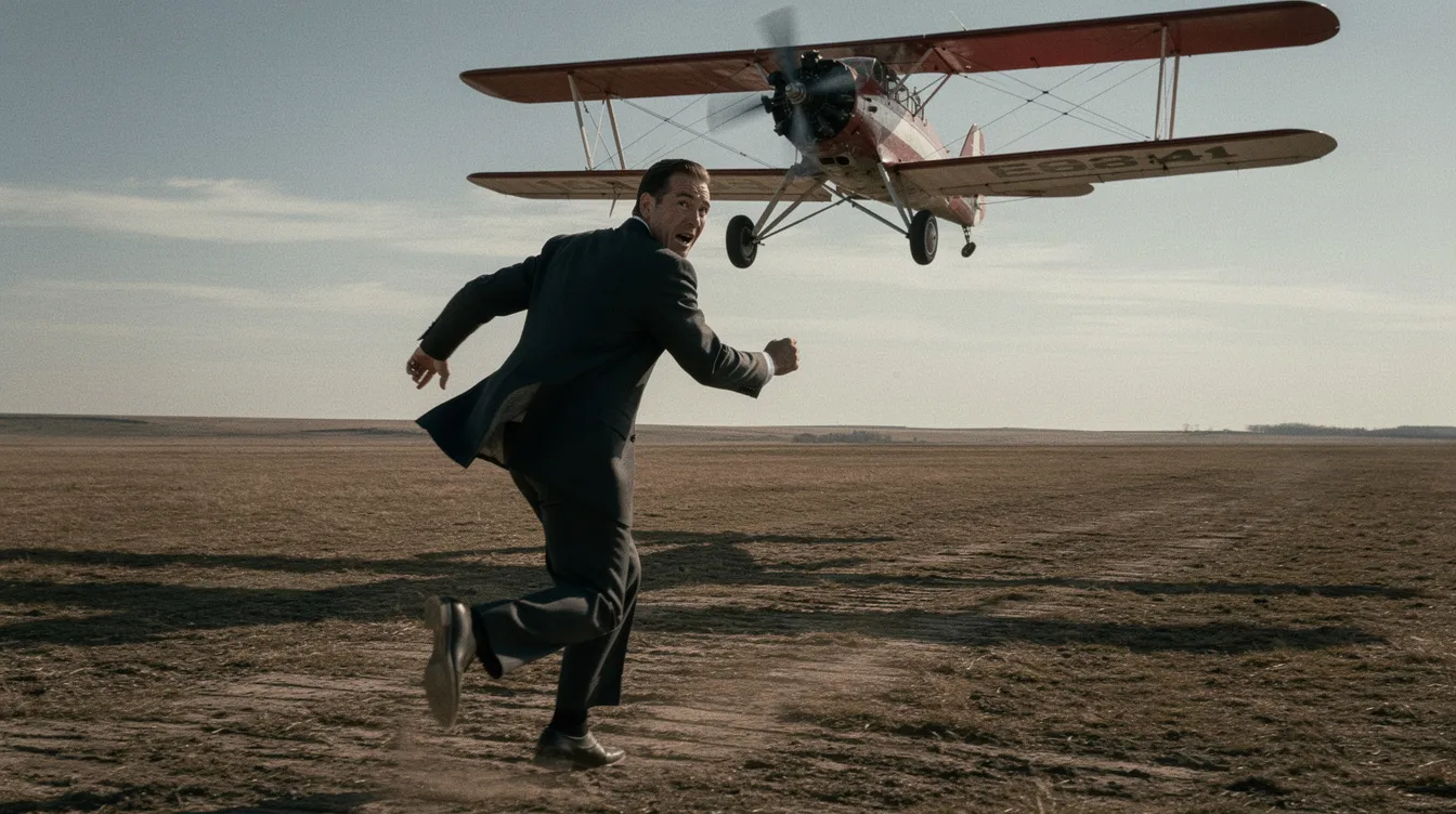 In dieser dramatischen Filmszene im Stil der 1950er-Jahre rennt ein Mann im Anzug über ein offenes Feld, während ein Doppeldecker-Flugzeug bedrohlich tief über ihn hinwegfliegt. Die Spannung der Handlung erinnert an die Meisterwerke von Alfred Hitchcock und lässt den Zuschauer an die filmische Kunstgeschichte denken.