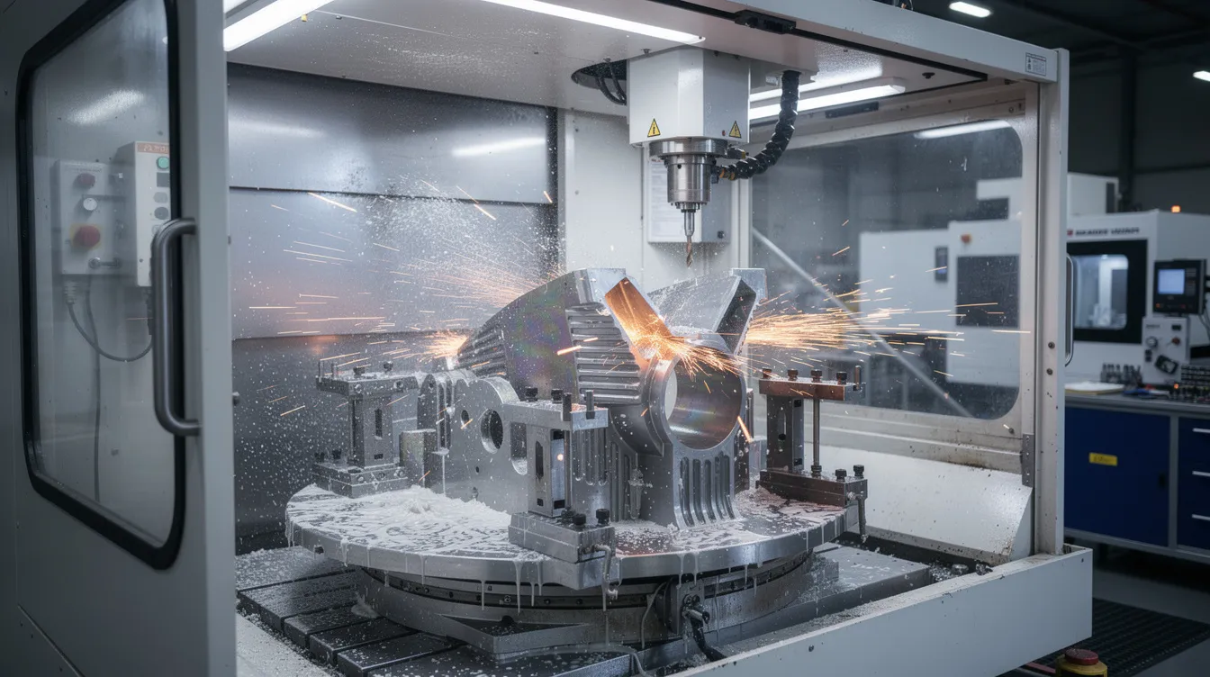 The image depicts a five-axis CNC machining center actively engaged in the machining process of a complex titanium aerospace component, showcasing precision and advanced capabilities in CNC milling. This setup highlights the intricate details of the part geometry being produced, emphasizing the importance of tight tolerances and high strength in aerospace applications.