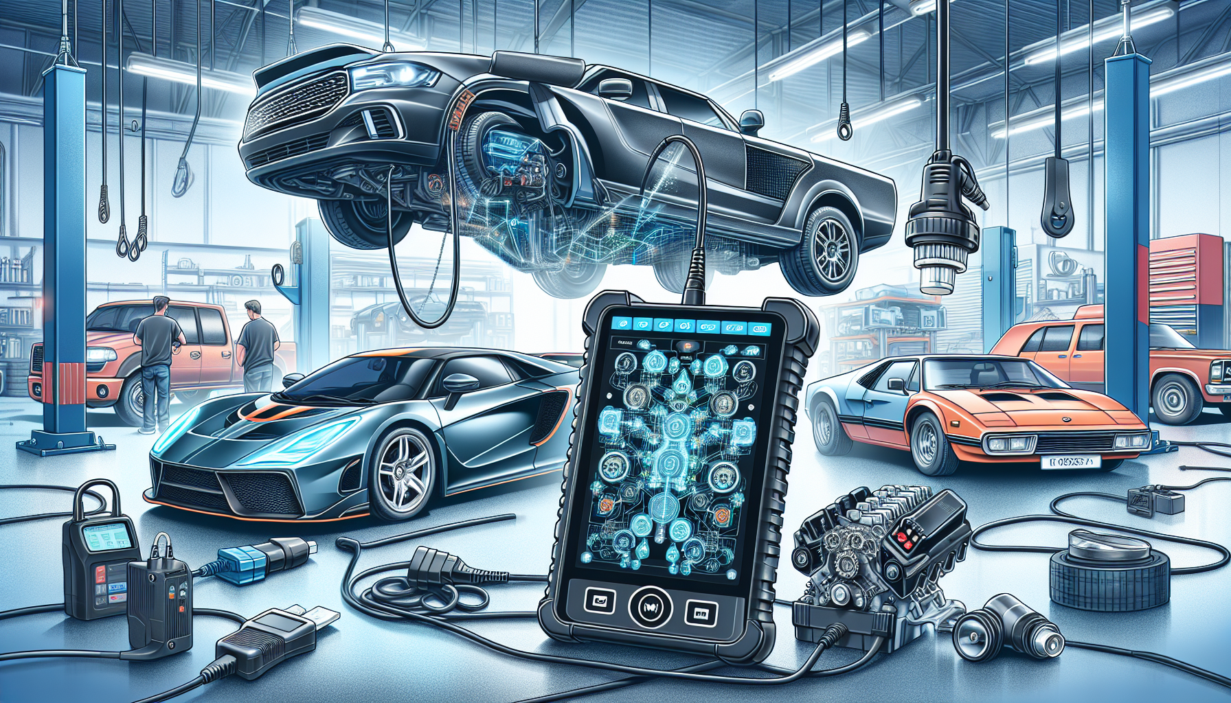 Illustration of Launch X431 V+ with vehicle diagnostics