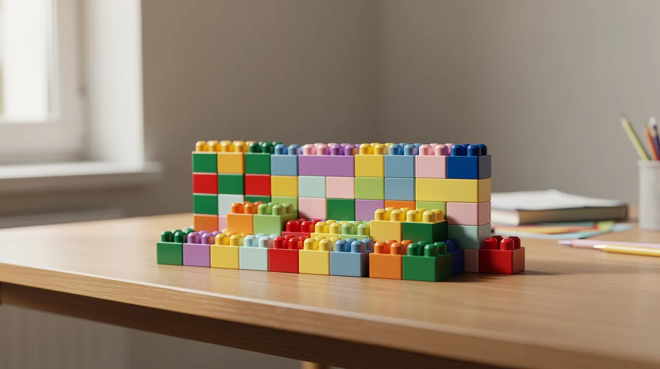 The image features a vibrant assortment of colorful building blocks neatly stacked on a desk, creating an inviting and organized display. This visually appealing setup could symbolize creativity and structure, much like effective cold email templates that aim to capture the prospect's attention.