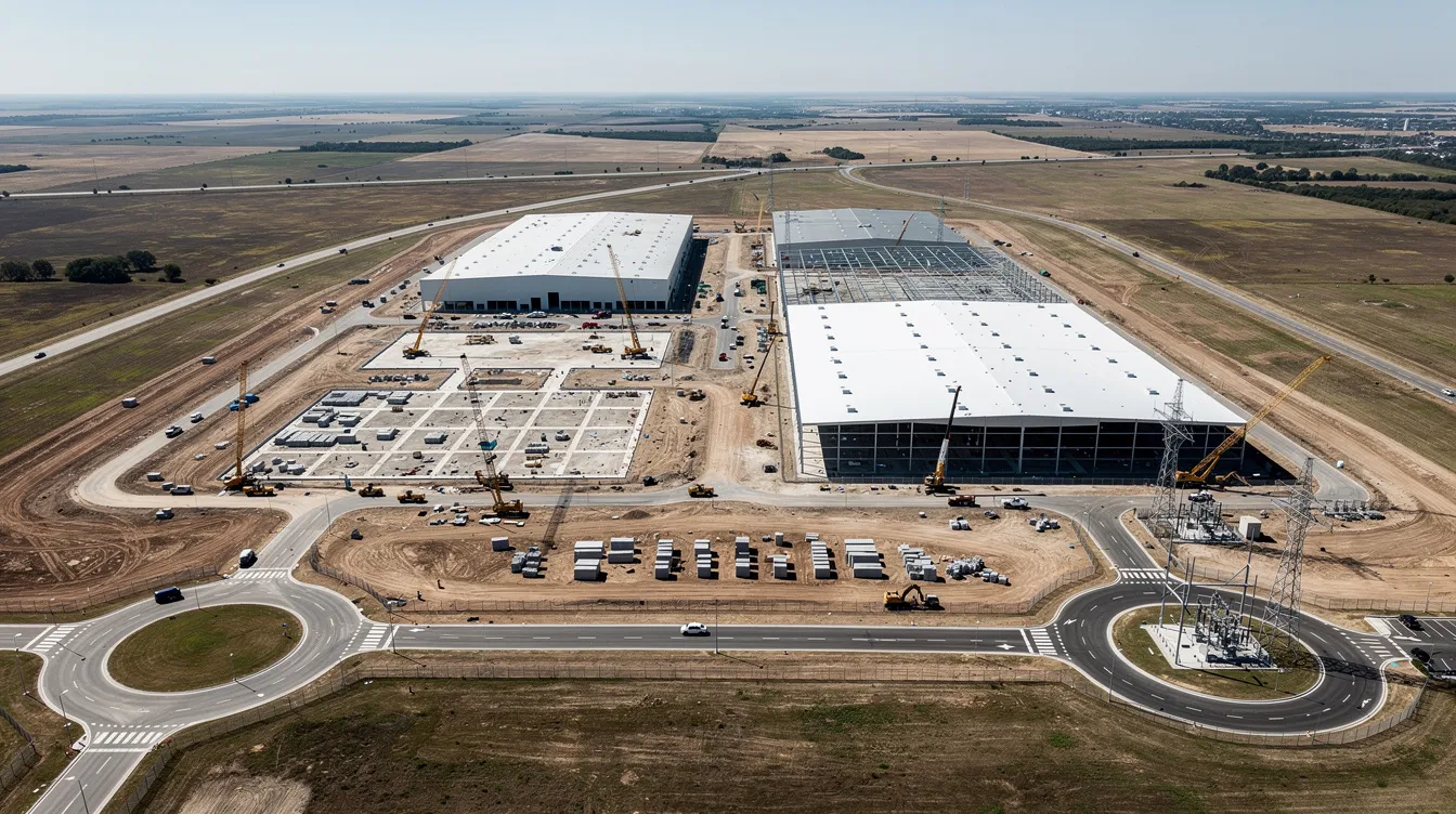 Aerial view of a large industrial campus under construction with access roads and open land.