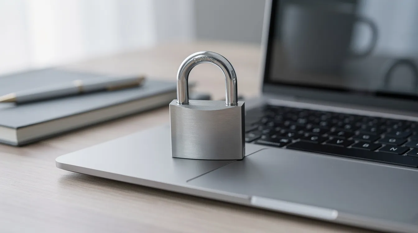 The image shows a secure padlock placed on a laptop keyboard, symbolizing security in a well-lit workspace, which could represent the importance of securing a WordPress installation, particularly in managing the wp config file and database credentials. The bright environment emphasizes the focus on creating a safe and efficient WordPress website.