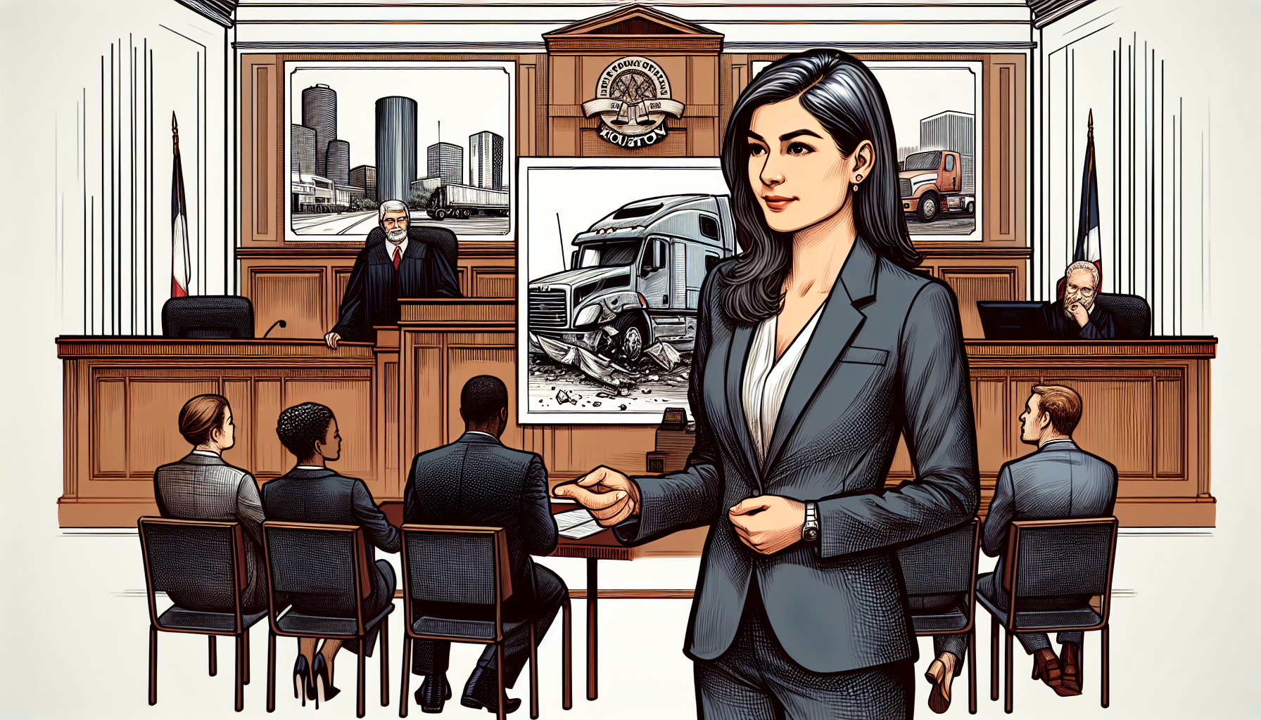 Illustration of a local Houston truck accident attorney in a courtroom