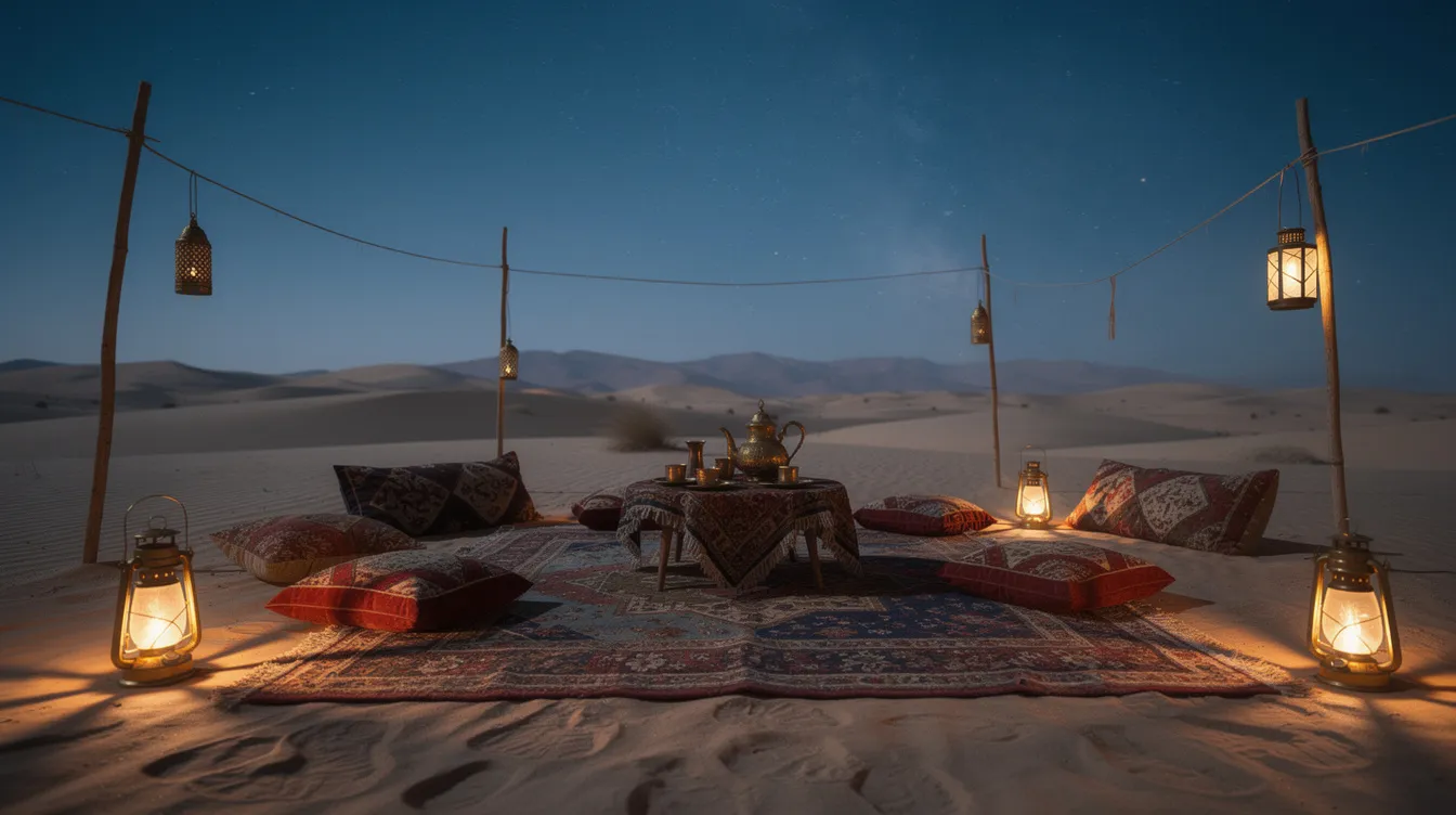 A imagem mostra um acampamento no deserto dos Emirados Árabes Unidos à noite, iluminado por lanternas. Ao fundo, as dunas de areia se destacam sob um céu estrelado, criando um ambiente mágico e acolhedor para os visitantes.