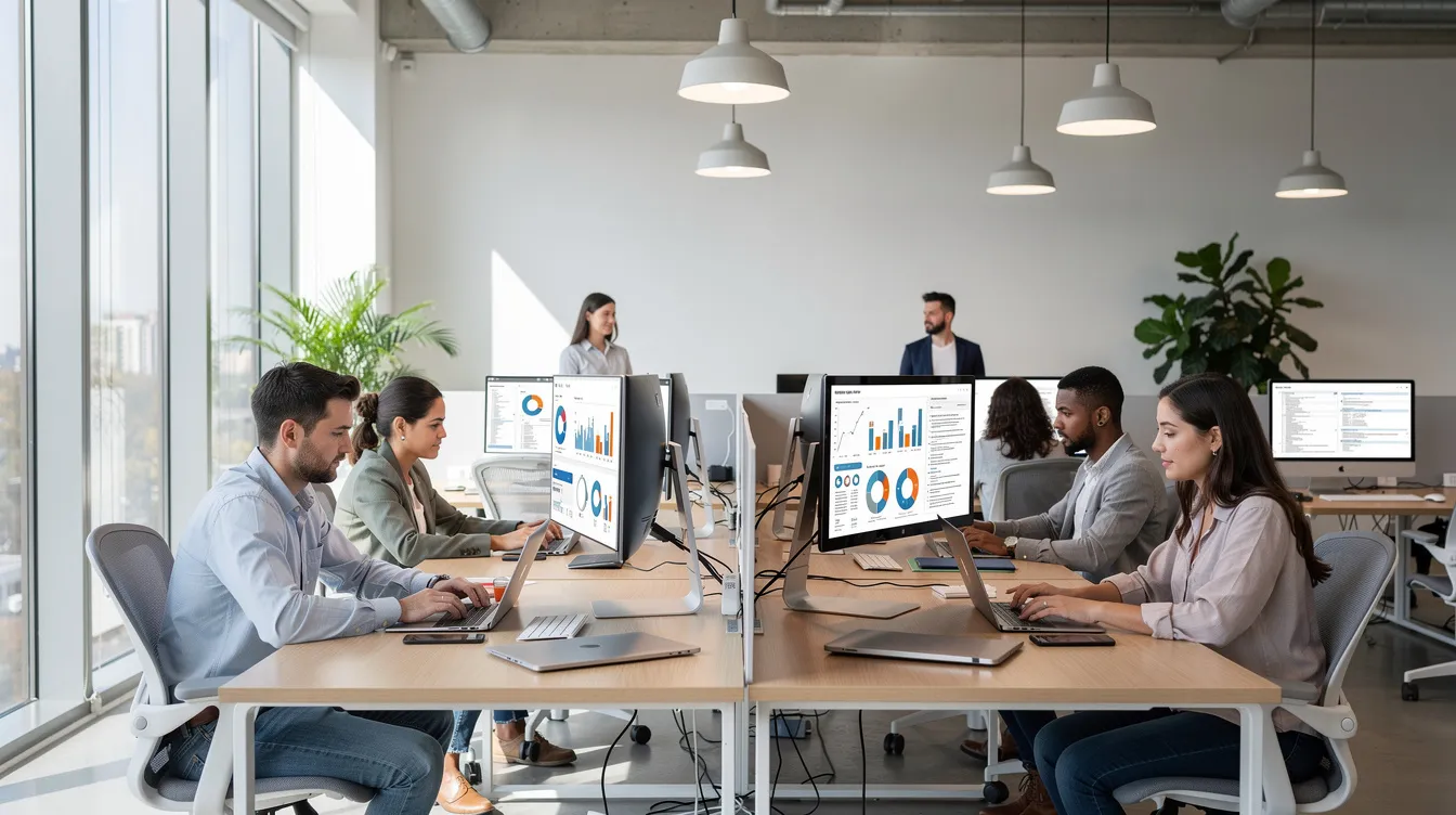 A small office team is collaborating at modern desks equipped with laptops and monitors in an open workspace, showcasing a blend of human workers and advanced technology. This environment reflects the benefits and risks of artificial intelligence, as the team utilizes AI systems to automate repetitive tasks, enhancing productivity and innovation in their daily lives.
