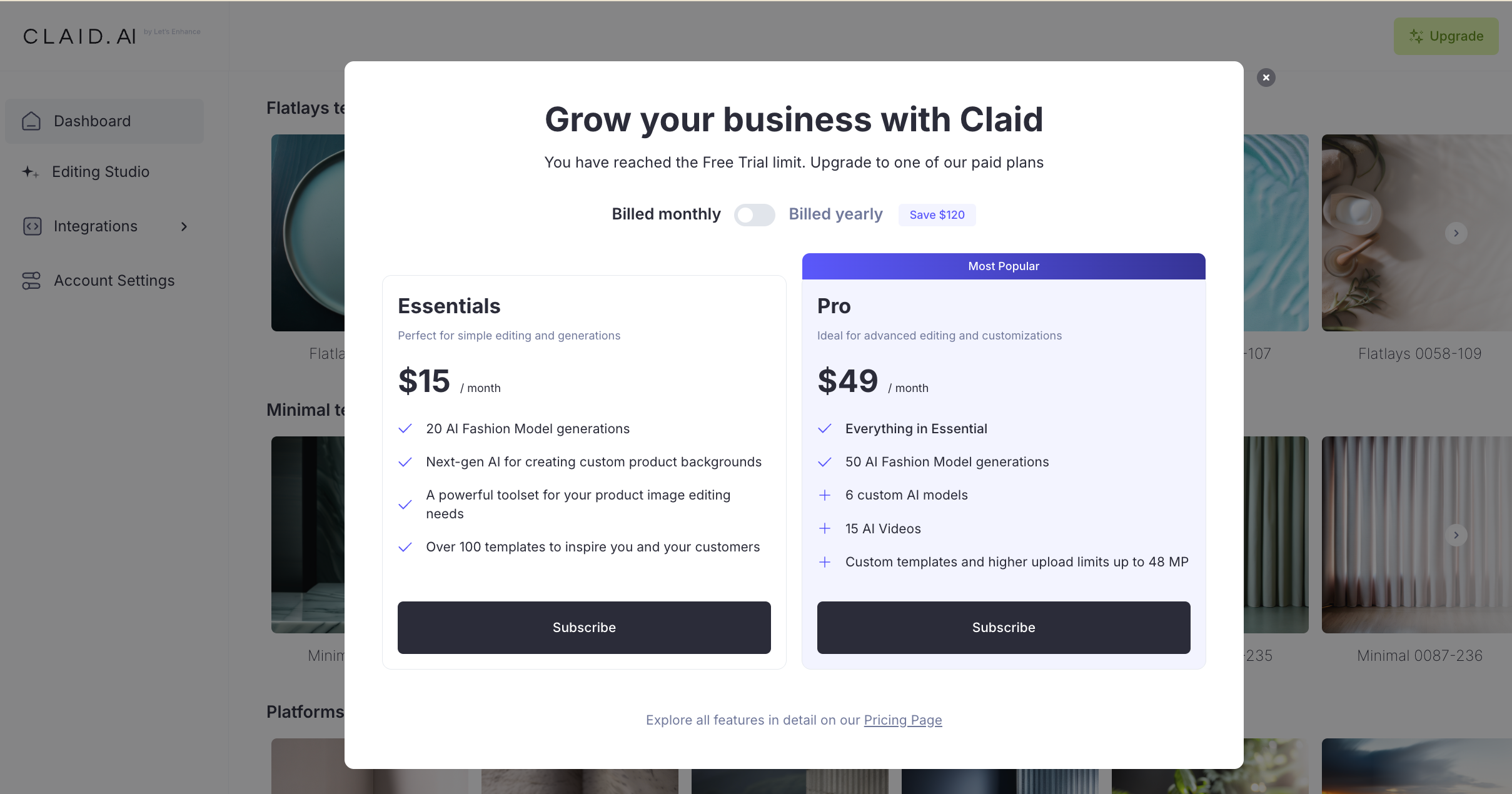 Claid.ai pricing plans showing Essentials at $15/month for 20 AI generations and Pro at $49/month with expanded model and video feature.
