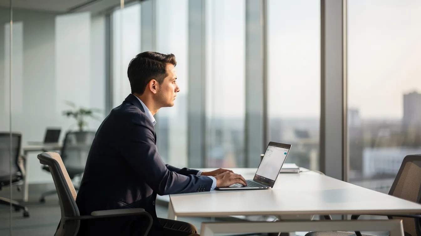 Une personne assise dans un bureau moderne regarde pensivement par la fenêtre, avec un ordinateur portable ouvert devant elle, illustrant le besoin d'évolution au travail et la réflexion sur sa carrière et son bien-être. Cette image évoque les sentiments de décalage et de quête de sens dans le quotidien professionnel.