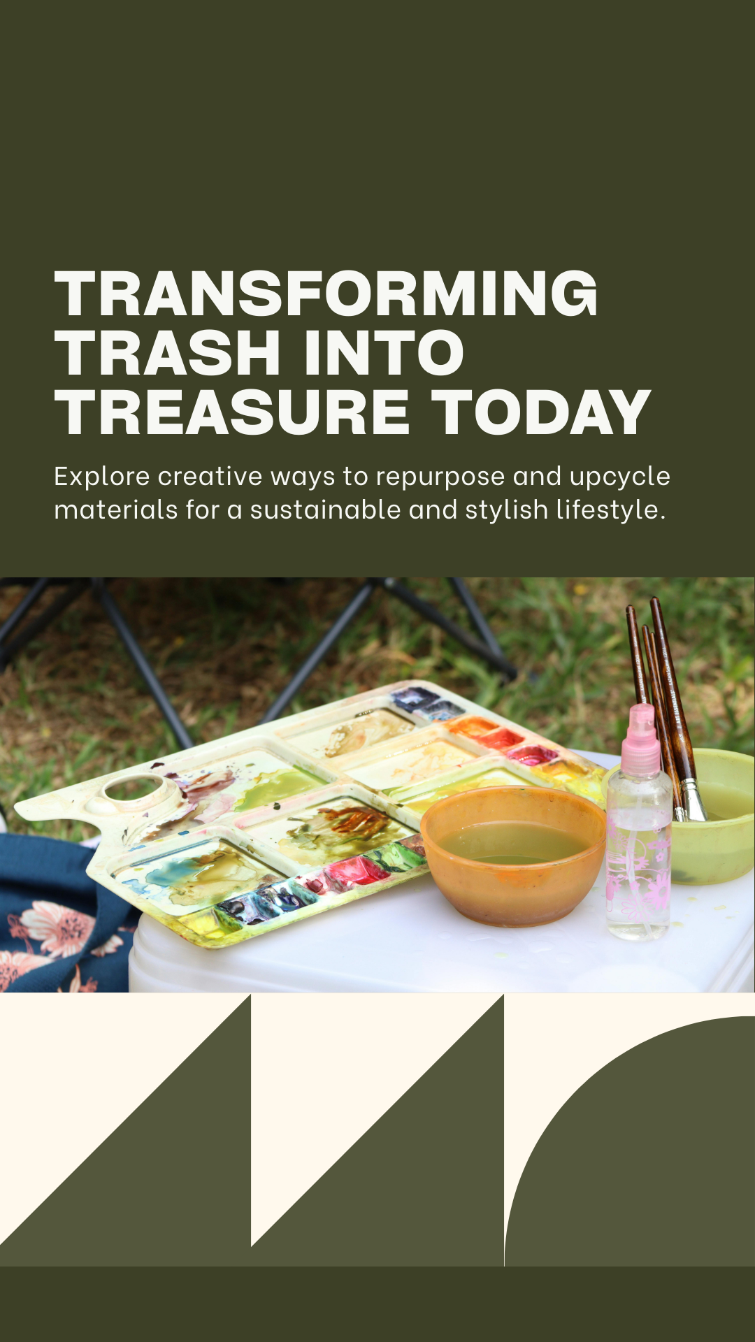 “Upcycled household items and craft tools arranged in a cheerful flat lay to inspire eco-friendly creativity.”