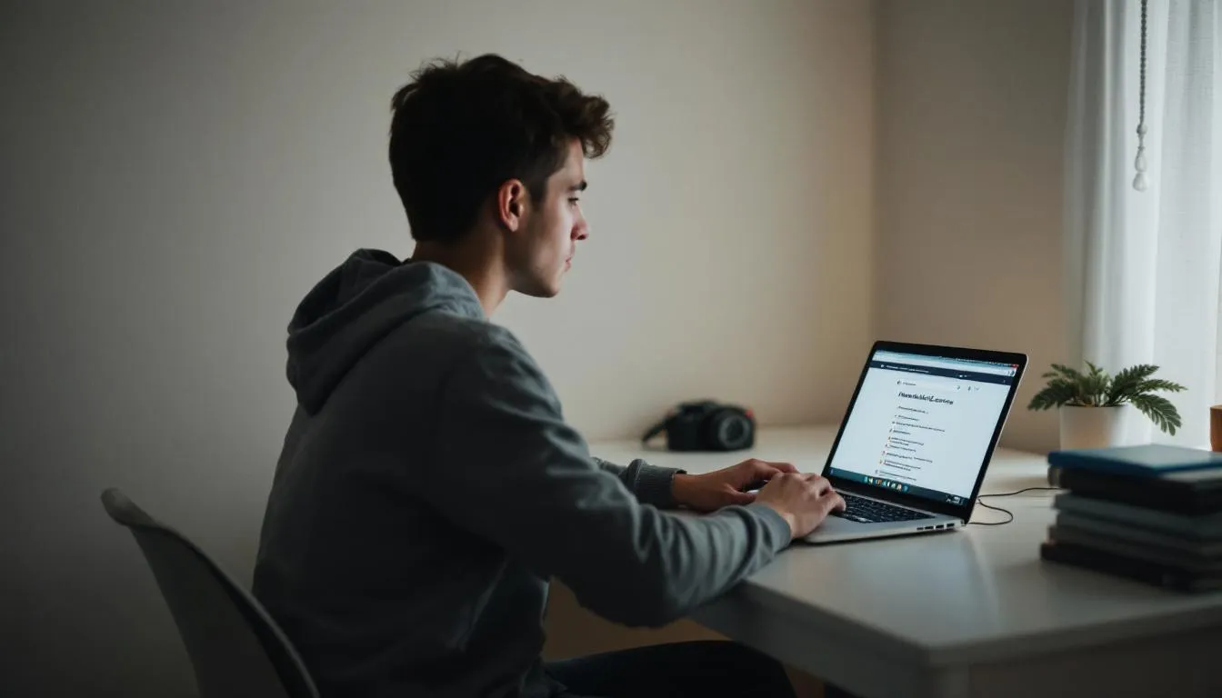 A person is sitting at a desk, focused on a computer screen as they search for mental health services and resources. The scene captures the importance of seeking support for mental health concerns and finding the right mental health professionals.