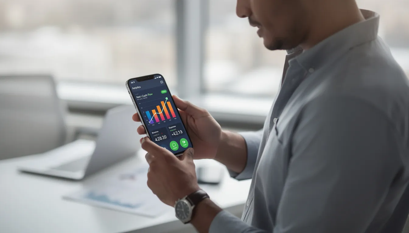 A business owner is intently examining a payment analytics dashboard on their mobile device, which displays vital cash flow insights to help manage payments and enhance revenue for their company. The dashboard provides a secure overview of online payments, allowing the owner to track customer transactions effectively.