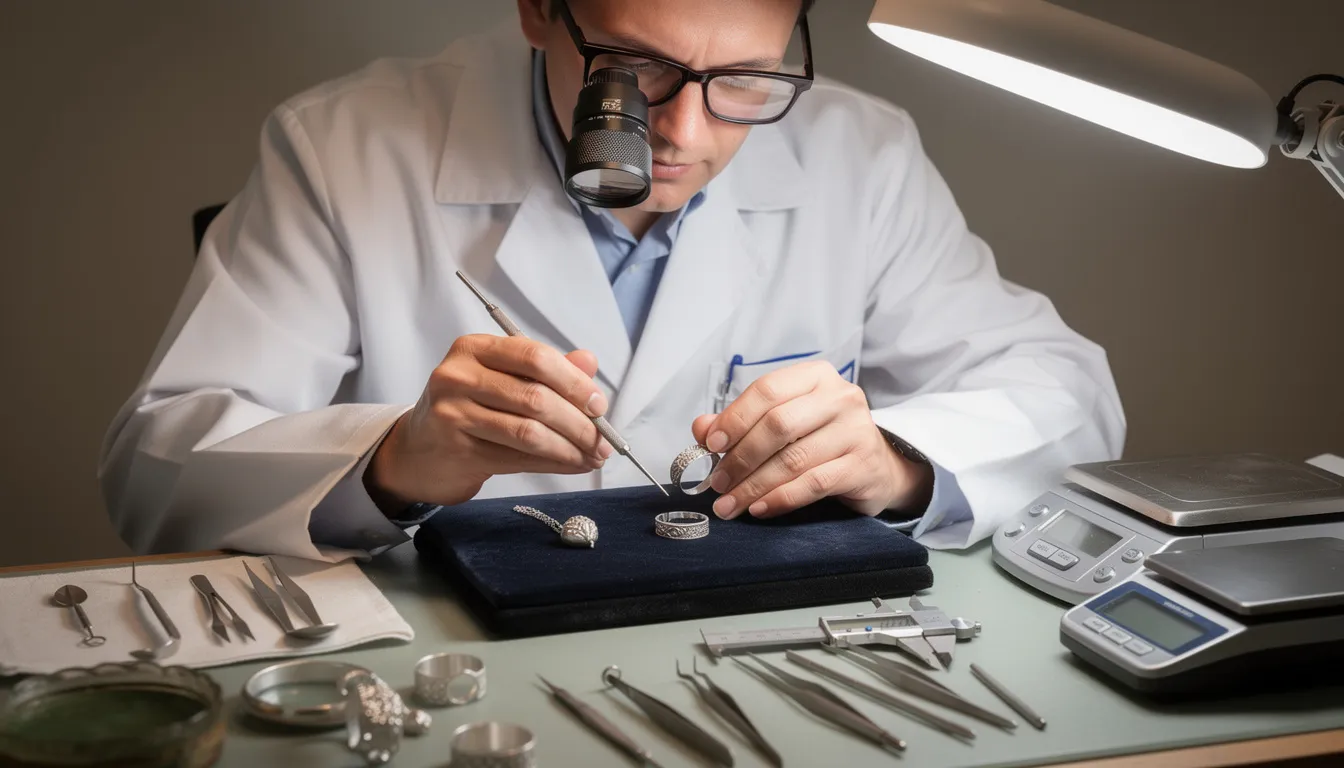 A professional jeweler is carefully examining various silver items, including coins and bars, using precision tools to assess their quality and value in the current silver market. The jeweler's focus highlights the importance of understanding silver prices and the significance of these precious metals in investment portfolios.