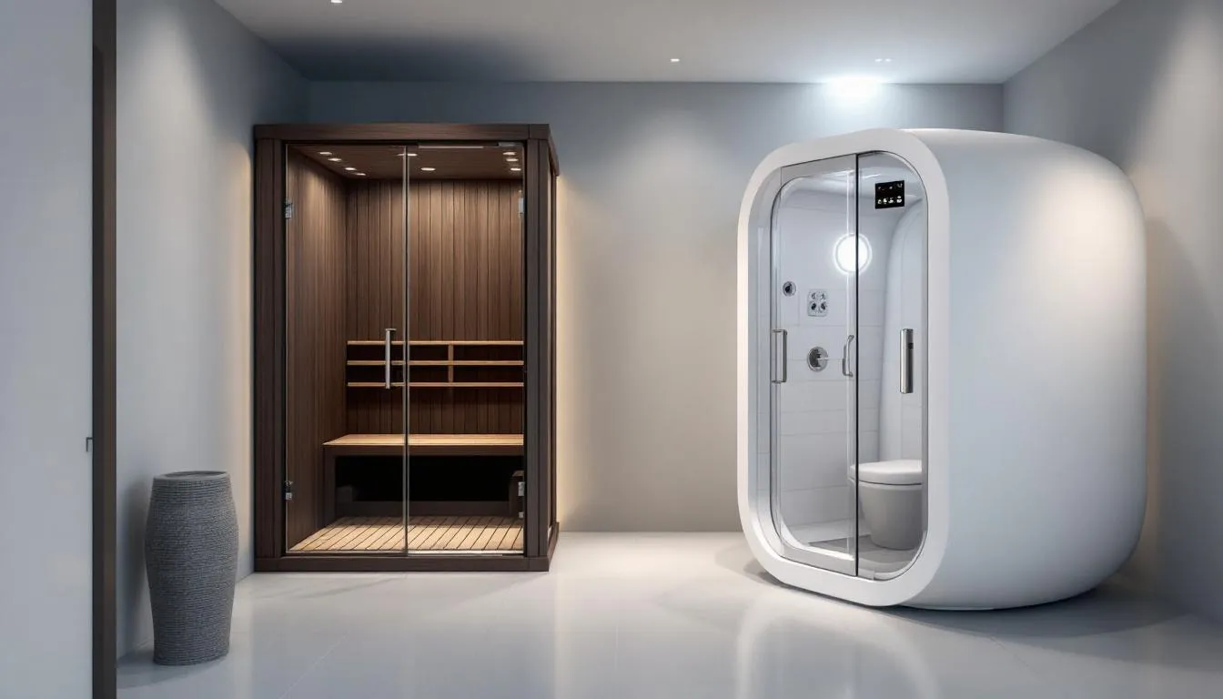 The image displays a modern home sauna installation featuring both infrared and traditional sauna options, showcasing their distinct designs within a residential setting. The infrared sauna is designed for gentle heat therapy, while the traditional sauna utilizes high heat from hot rocks, highlighting the benefits of each type of sauna for health and wellness.