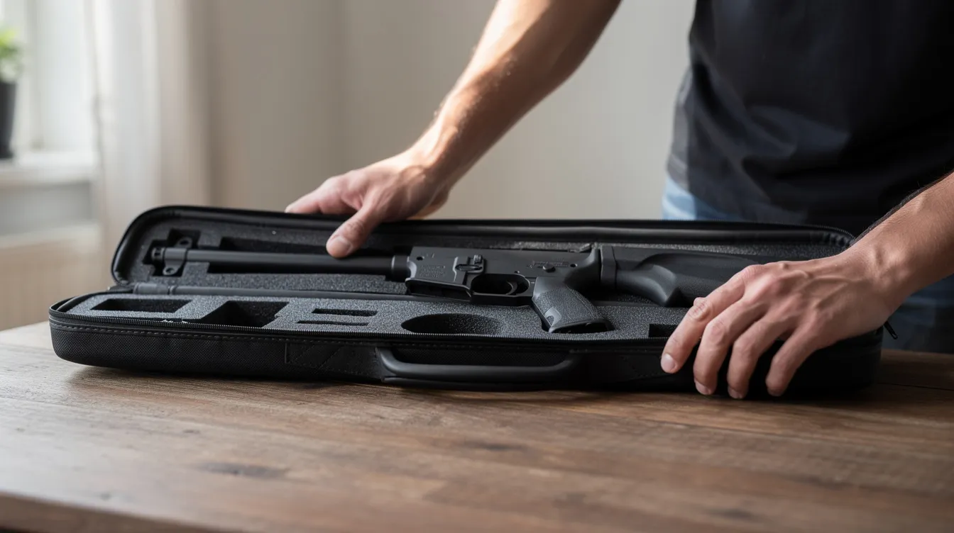 A person is placing a BB gun into a padded black carry case on a table, demonstrating safe handling and storage practices for firearms safety. The scene emphasizes the importance of treating the BB gun with care to prevent accidental discharge and ensure safety during target shooting or playing airsoft.