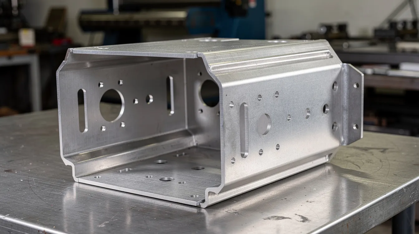 The image shows a complex multi-bend sheet steel enclosure resting on a workbench, featuring multiple flanges, holes, and cutouts. This intricate design showcases the bending process of sheet metal, highlighting the precision required in achieving tight tolerances and accurate bend angles.