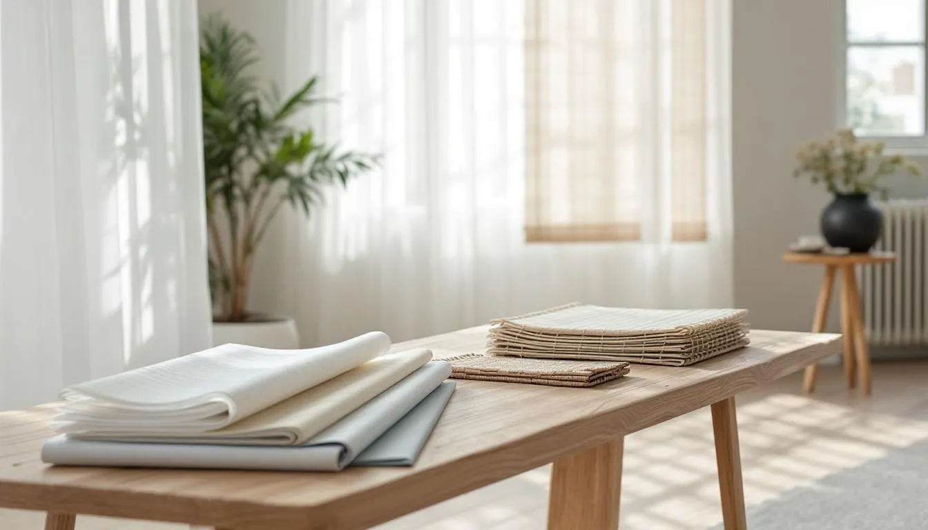 Different types of light filtering shades displayed in a well-lit room.