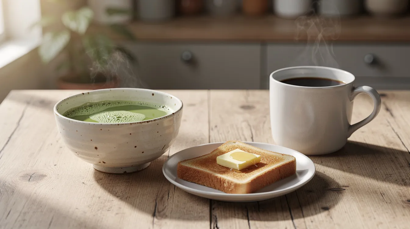 Ein gesundes Frühstück auf einem Holztisch zeigt eine Tasse schwarzen Kaffee und eine traditionelle japanische Schale mit leuchtend grünem Matcha-Tee, der eine leichte Schaumkrone hat. Zwischen den Getränken liegt ein kleiner Teller mit Toast und Butter, während sanftes Morgenlicht eine warme, einladende Atmosphäre schafft, ideal für einen Vergleich der gesundheitlichen Vorteile von Matcha und Kaffee.