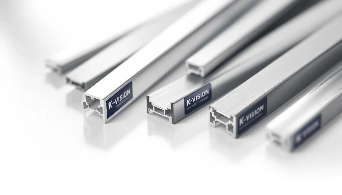 Detail van hoogwaardige K-Vision profielen met zichtbare kwaliteitscertificering, die de uitstekende afwerking en duurzaamheid van kunststof en aluminium kozijnen benadrukken. Deze profielen zijn ontworpen voor optimale energiezuinigheid en zijn een betrouwbare keuze voor nieuwe kozijnen.