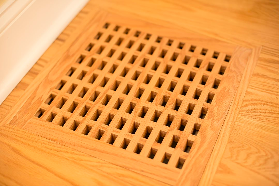 In-floor heat register custom made from solid oak