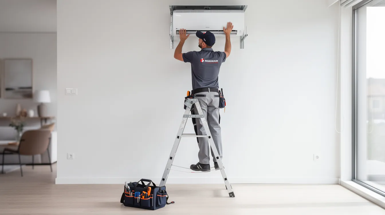 A professional technician in branded workwear is installing a split air conditioner indoor unit on a white wall in a modern home, ensuring optimal placement for cooling large rooms. The technician is focused on the installation process, which will enhance comfort during both summer and winter months.