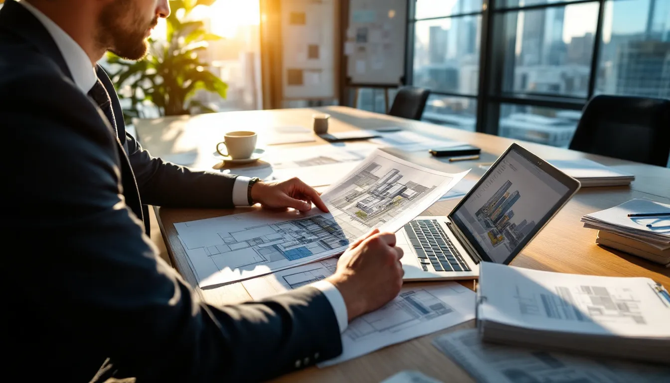 Um arquiteto está concentrado em uma mesa de trabalho, analisando um projeto de desenvolvimento urbano, cercado por documentos e plantas que refletem a viabilidade técnico-econômica do empreendimento e as características físicas do terreno. Ele aplica métodos de avaliação imobiliária, considerando dados de mercado e cenários hipotéticos para determinar o valor de mercado dos imóveis envolvidos.