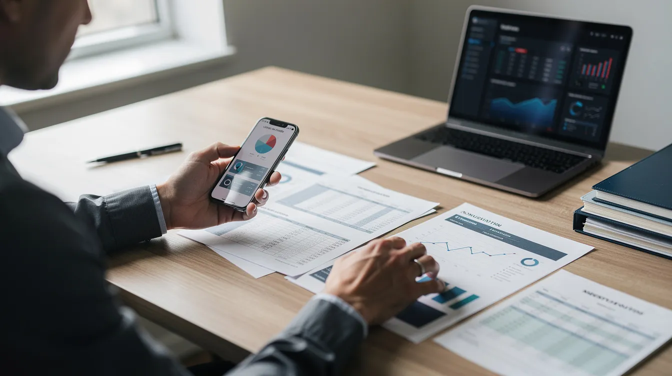 An individual is seated at a desk, holding a smartphone in one hand while reviewing various financial documents spread out before them. The scene suggests a focus on financial planning, possibly related to loan applications or assessing credit scores.