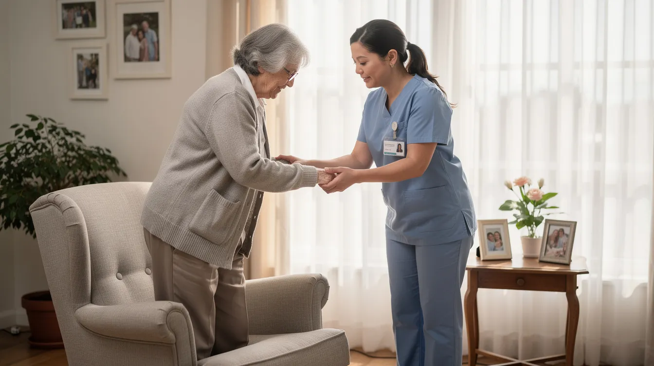 A professional caregiver is gently assisting an elderly person to stand from a chair in a bright living room, highlighting the physical demands and caregiving responsibilities often faced by family caregivers. The warm environment emphasizes the importance of in-home care and support for loved ones, while also reminding caregivers to prioritize their own health and well-being.