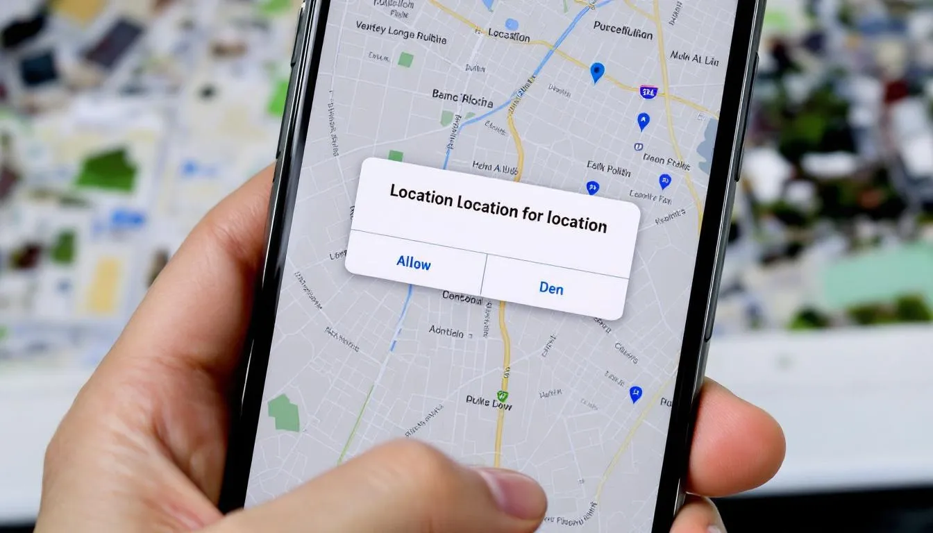 A smartphone screen shows a location permission dialog with a map in the background, likely powered by Mapbox, illustrating customizable maps and interactive features. The dialog prompts users to grant access for enhanced navigation and routing capabilities.