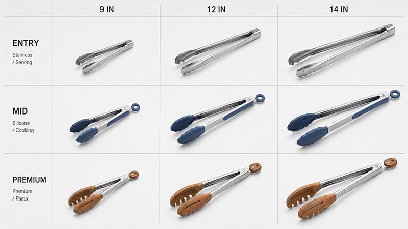 Retail-ready kitchen tong series organized by 9-inch, 12-inch, and 14-inch sizes, head materials, cooking scenarios, and good-better-best price tiers.
