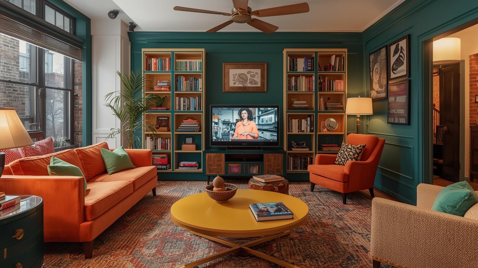 Colorful and bold living room with a round yellow coffee table, round ottoman and round side table