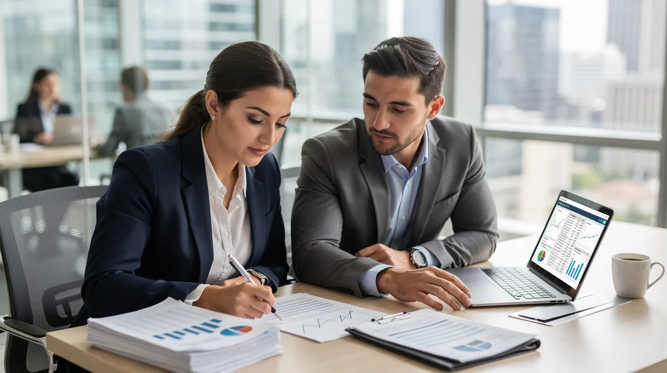 58eb8f56 6b9d 4b3c 8414 78933dc3395b The image shows two business professionals, a man and a woman, sitting at a desk as they review financial documents together. They appear focused and engaged, surrounded by paperwork that may include business loan applications and financial support materials relevant to collateral free loans for small and medium enterprises.