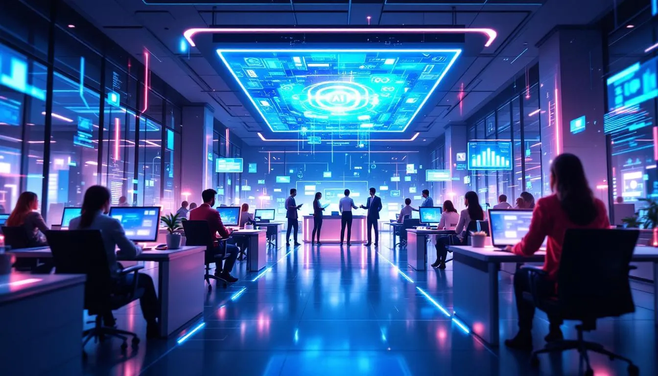 A futuristic workplace where AI technologies are integrated, representing the future of work.