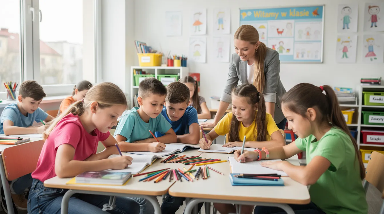 Na obrazku widać grupę uczniów szkoły podstawowej, którzy wspólnie pracują nad zadaniami przy stolikach w jasnej klasie. Uczniowie są zaangażowani w ćwiczenia z języka polskiego, co sugeruje, że mogą przygotowywać się do sprawdzianu.