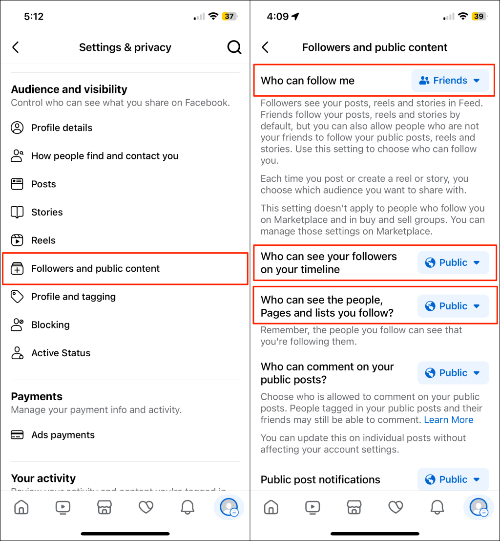 Steps to change followers and public content settings on Facebook