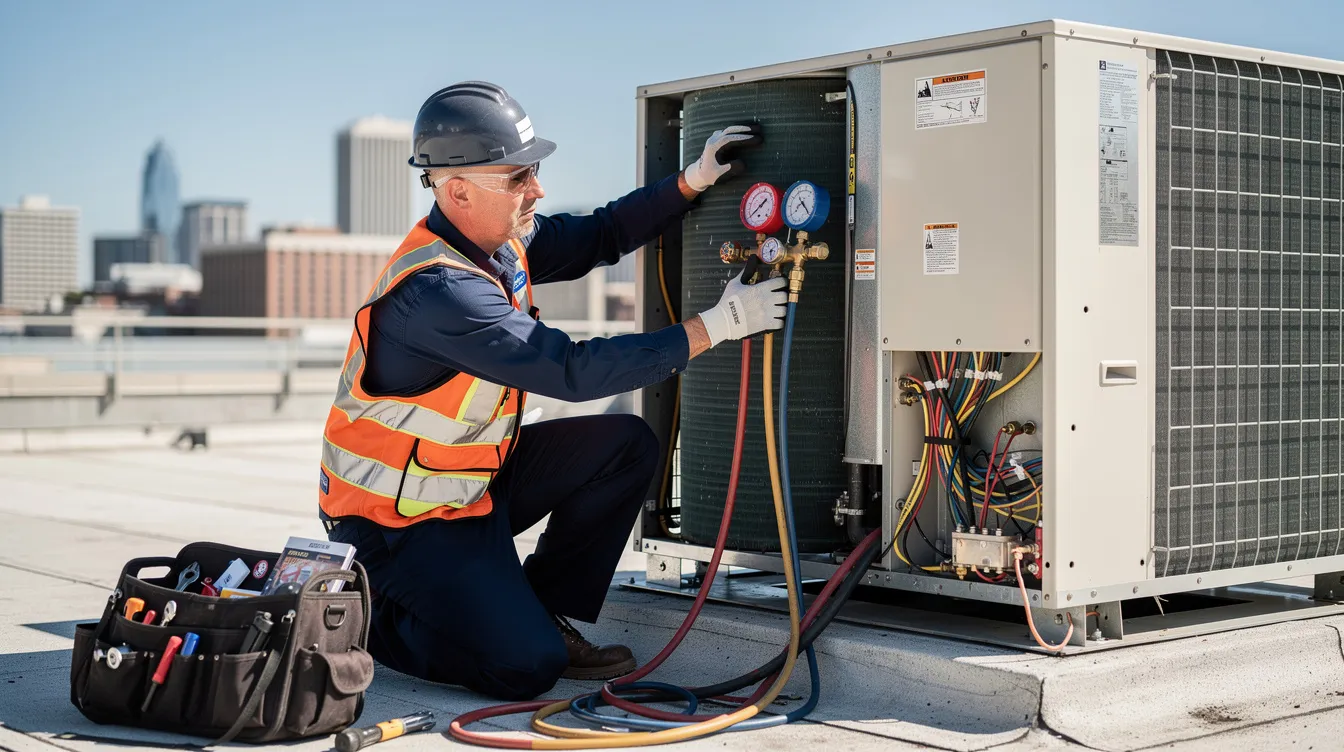 A professional technician is performing maintenance on a rooftop air conditioning unit, ensuring the air conditioning system operates efficiently. This regular servicing helps maintain energy efficiency and air quality for the commercial space below.