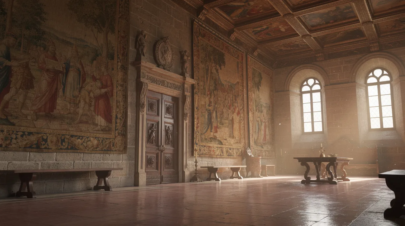 O interior de um salão renascentista apresenta tapeçarias antigas e um teto ricamente decorado, evocando a grandiosidade dos castelos europeus, como o castelo real de Wawel na Polônia. Este ambiente histórico reflete a riqueza cultural e arquitetônica da época.