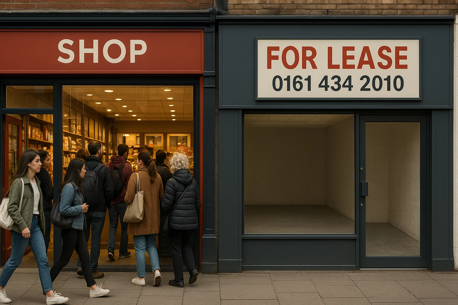 Two shops side by side on a high street, one busy and one empty