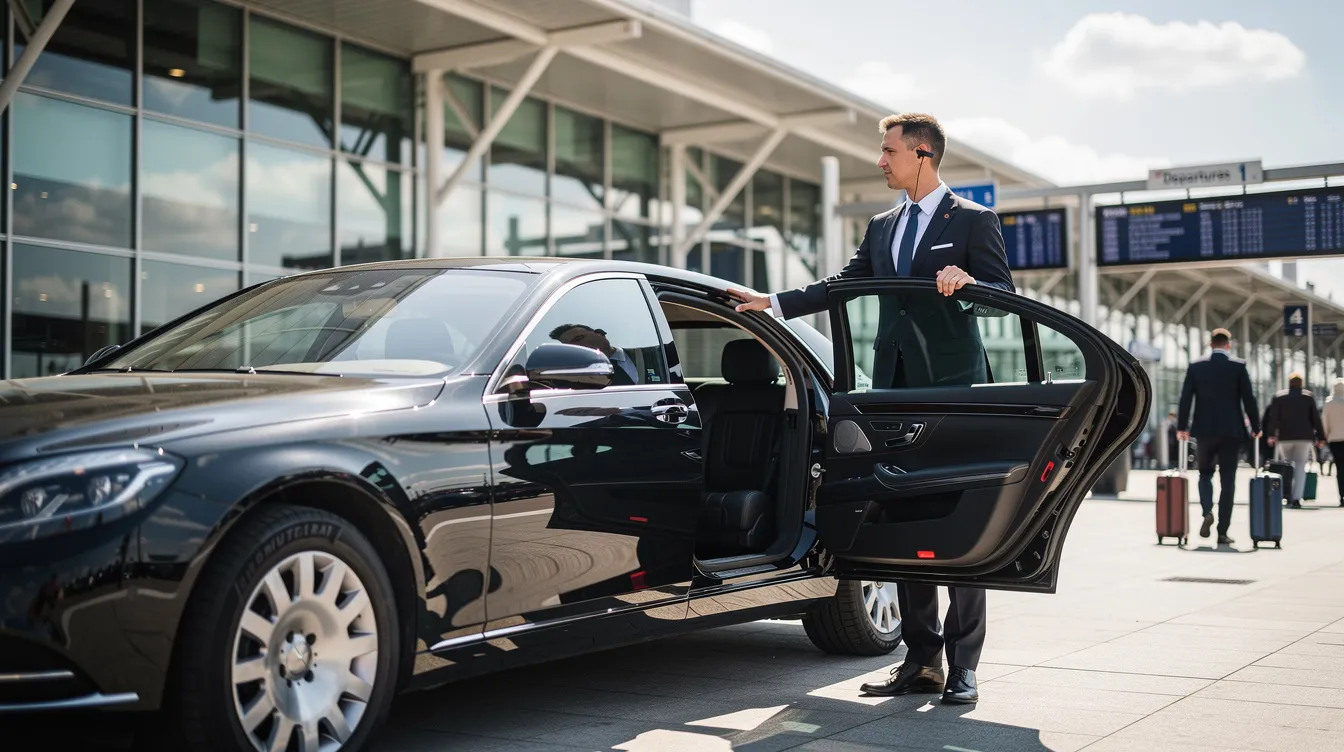 Un autista in giacca scura sta aprendo la portiera posteriore di una berlina nera davanti a un terminal aeroportuale, pronto per il ritiro dei clienti che necessitano di un'auto a noleggio per il loro viaggio. Sullo sfondo, si possono vedere i passeggeri che si affrettano verso il check-in.