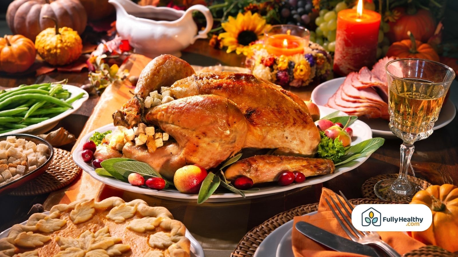 Holiday turkey feast with stuffing, pie, and festive candlelight atmosphere