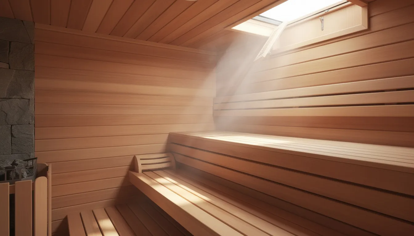 The image depicts a well-ventilated wooden sauna interior featuring a ceiling vent and a spacious bench area, ideal for a relaxing sauna session. The warm wooden tones and open design contribute to a comfortable environment for enjoying the health benefits of infrared heat and therapy.