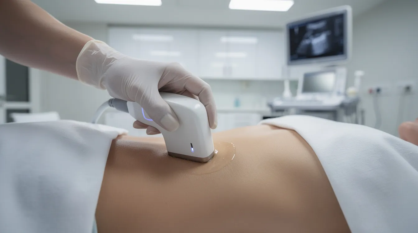 The image shows a handheld medical ultrasound device being utilized in a clinical setting, likely for procedures such as fat grafting or Brazilian butt lift surgery. This tool aids in ensuring the safety and precision of fat injection techniques, which are essential for achieving aesthetic goals during cosmetic surgery.
