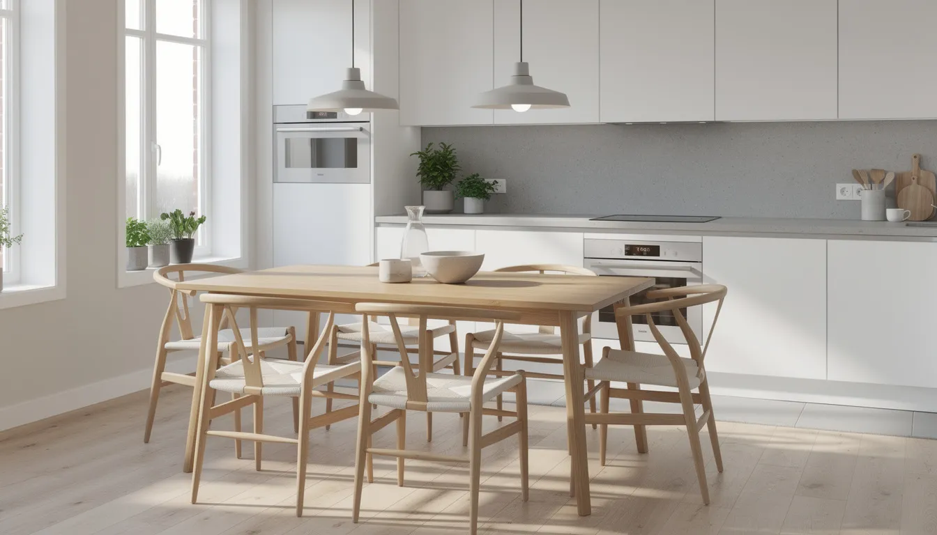 Ett modernt ljust kök med ett stilrent matbord i ek, omgiven av stolar i skandinavisk design. Runt bordet finns det plats för många, vilket gör det till en perfekt plats för samvaro i hemmet.