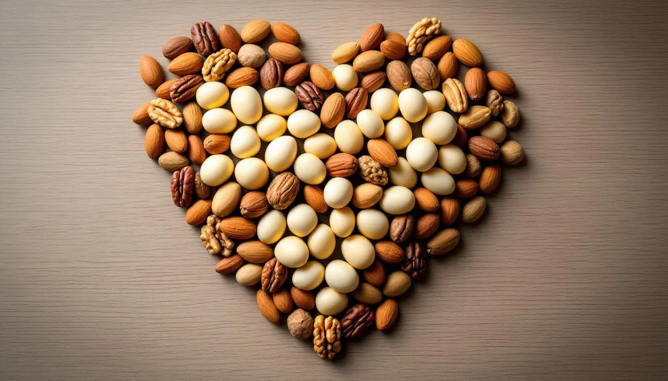 The image features a heart-shaped arrangement of various nuts, prominently showcasing macadamia nuts, known for their creamy texture and health benefits. This visually appealing display highlights the importance of tree nuts in a healthy diet, particularly the heart-healthy monounsaturated fats found in macadamia nuts.