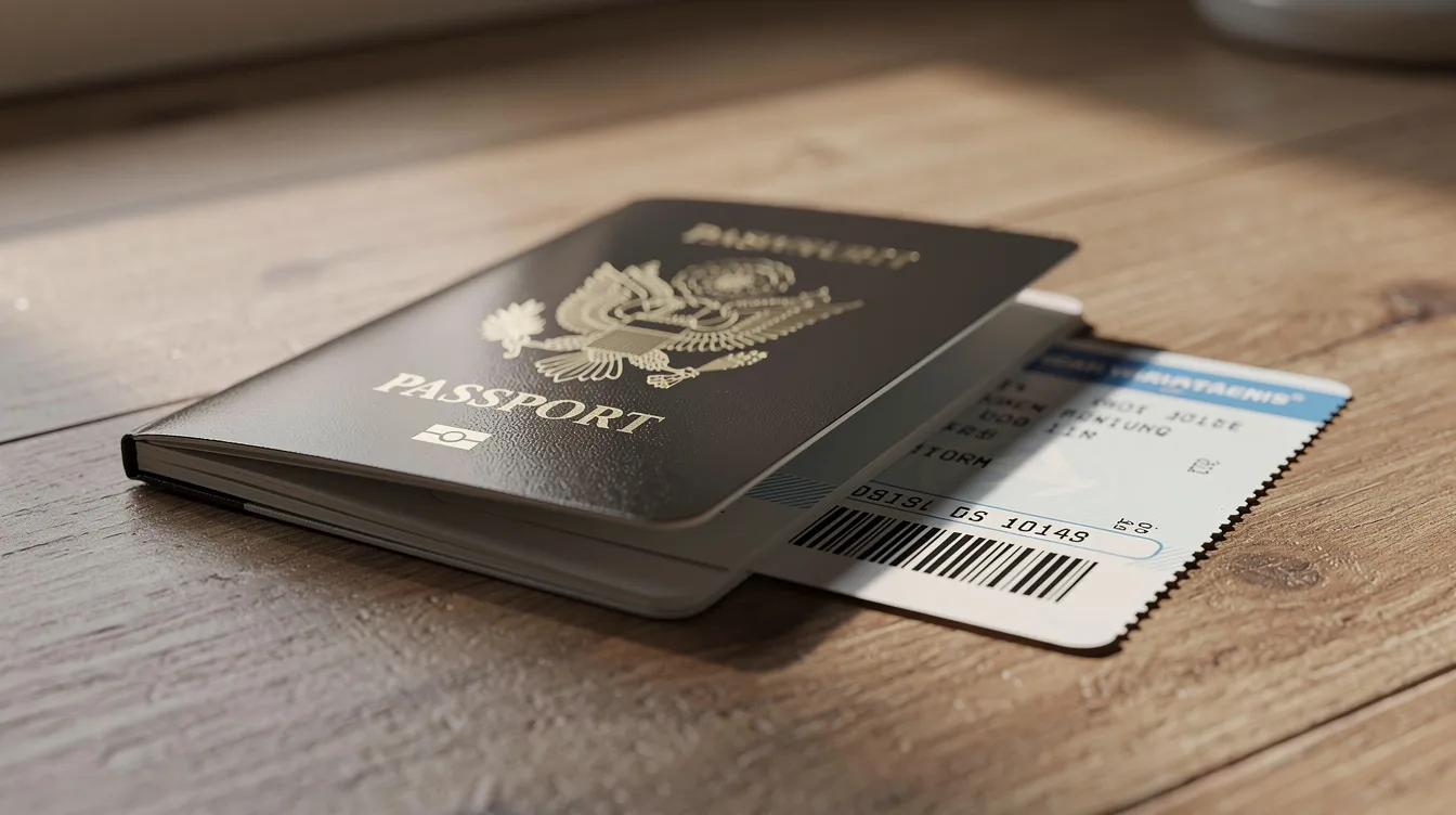The image shows a valid passport and a boarding pass placed neatly on a wooden desk, symbolizing the travel preparations required for a trip to Germany, including the necessary documents for a visa application. This setup highlights the importance of having all the required documents ready for a smooth travel experience.