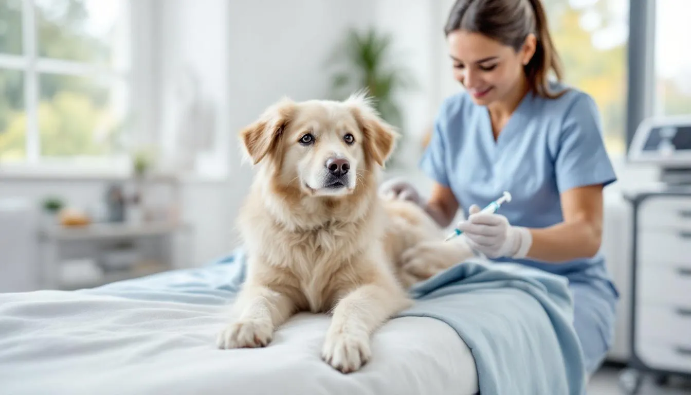 In a cozy veterinary oncology clinic, a dog is receiving chemotherapy treatment, surrounded by caring veterinarians and advanced imaging equipment. This setting emphasizes the importance of treating cancer in dogs, such as mast cell tumors and lymphoma, while providing a comfortable environment for both pet parents and their furry companions.